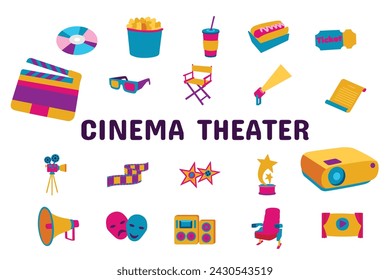 Cinema Theater Flat Vector Illustration Icon Sticker Set Design Materials