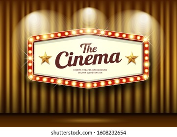 Cinema Theater gold curtains and red sign light up design background, vector illustration