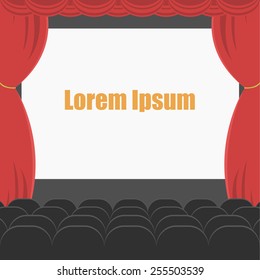 cinema or theater hall, black chairs, red curtain, wide screen vector illustration