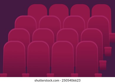 Cinema theater hall with burgundy velvet seats rows for audience on dark background. Cartoon vector illustration of empty auditorium interior with chairs. Conference, opera, concert hall. Movie time.