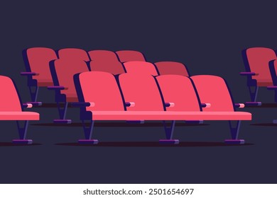 Cinema theater hall with red seats rows for audience on dark background. Cartoon vector illustration of empty auditorium interior with chairs. Conference, opera, concert hall. Movie time.