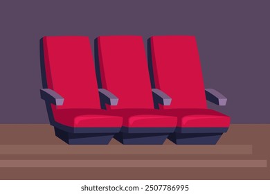 Cinema theater hall with row of red seats for audience on dark background. Cartoon vector illustration of empty auditorium interior with chairs. Conference, opera, concert hall. Movie time.