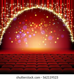 Cinema. Theater Hall with Seats and a red Curtain with Gold glitter and Stars. Illustration vector.