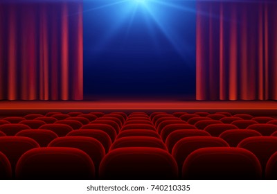 Cinema or theater hall with stage, red curtain and seats vector illustration. Cinema theater and curtain for stage