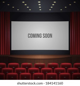 Cinema Or Theater Hall, Wood Podium, Red Chairs, Red Curtain, Wide Screen With Sign Coming Soon. Realistic Vector Illustration.