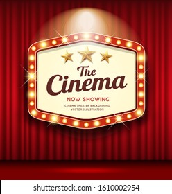 Cinema Theater Hexagon sign red curtain light up banner design background, vector illustration