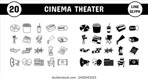 Cinema Theater Line Glyph Vector Illustration Icon Sticker Set Design Materials