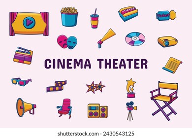 Cinema Theater Lineal Color Vector Illustration Icon Sticker Set Design Materials