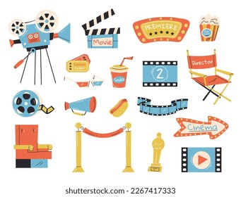 Cinema theater movie film studio production line doodle isolated icon set. Vector flat graphic design element concept