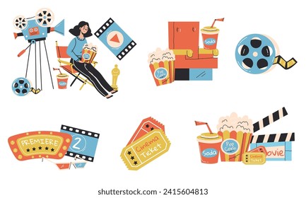 Cinema theater movie film studio production line doodle isolated icon set. Vector flat graphic design element concept