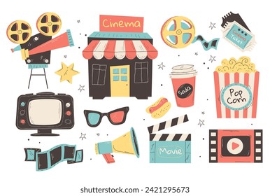 Cinema theater movie film studio production line doodle isolated icon set. Vector flat graphic design element concept