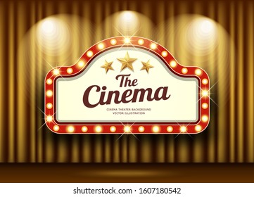 Cinema Theater and red sign light up curtains gold design background, vector illustration