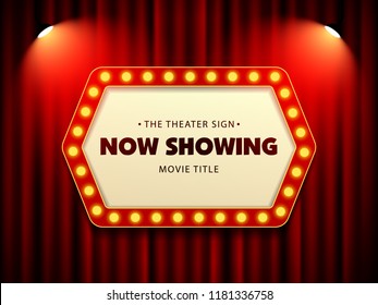 Cinema Theater Retro Sign on curtain with spotlight. Vector Illustration