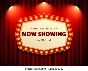 Cinema Theater Retro Sign on curtain with spotlight. Vector Illustration