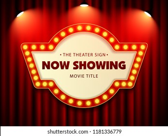 Cinema Theater Retro Sign on curtain with spotlight. Vector Illustration