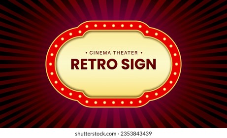 Cinema theater retro sign with sunburst background premium vector