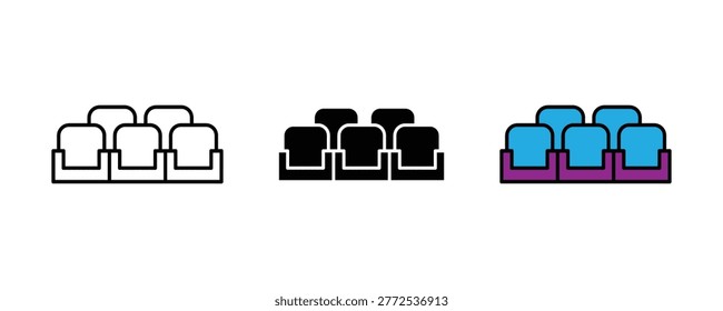 Cinema and theater seat icon vector set. Movie hall audience chair arrangement, auditorium conference sitting furniture, and entertainment venue rows symbol.