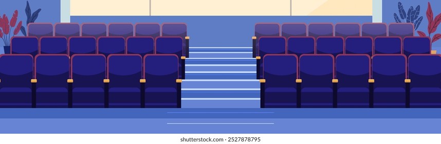 Cinema theater seats empty auditorium interior illustration. Rows of blue and red chairs with central aisle and plants in the background. Suitable for website design banner template