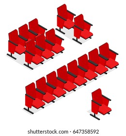 Cinema Or Theater Seats Row Set Isometric View Comfortable Red Chair For Interior Auditorium. Vector Illustration