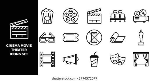 Cinema and theater set, including reel, popcorn, clapperboard, ticket, 3 d glasses, statue, and theater masks