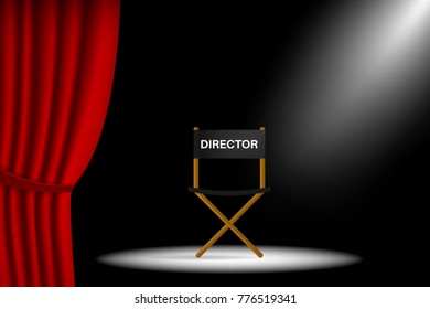 Cinema, theater and show set. Theater stage with curtain and chair for director. Vector illustration design.