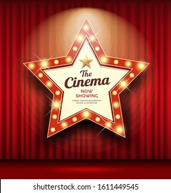 Cinema Theater sign star shape red curtain light up banner design background, vector illustration