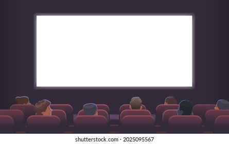 Cinema theater. Spectators, men and women sit in the hall at the premiere of the motion picture, rear view. Vector illustration in flat style