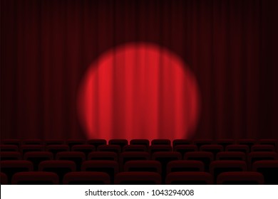 Cinema or theater stage with spotlight on red curtains and chairs. Vector theater, cinema or circus background.