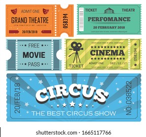 Cinema And Theater Ticket, Admission Or Paper Pass Vector Isolated Objects. Circus Show Or Movie, Performance And Play, Entertainment, Film Reel And Video Camera. Acting Masks, Free Entrance