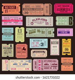 Cinema or theater ticket set. Vintage invite tickets with stamp, retro voucher for museum or concert event isolated realistic vector design