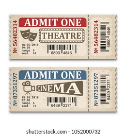 Cinema and theater tickets in retro style. Two admission tickets isolated on white background. Vector illustaration