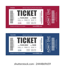 Cinema and theater tickets with text and barcode on red and blue background. Flat style. Vector illustration.