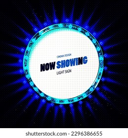 Cinema Theater vector and circle sign gold light up curtains red design background, Round retro frame with light bulbs. vector illustration