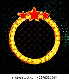 Cinema Theater vector and circle sign gold light up curtains red design background, Round retro frame with light bulbs. vector illustration