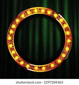 Cinema Theater vector and circle sign gold light up curtains red design background, Round retro frame with light bulbs. vector illustration