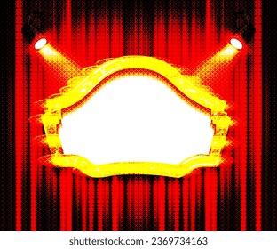Cinema Theater vector and circle sign gold light up curtains red design background, illustration