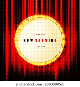 Cine Teatro vectorial y círculo señalización oro iluminar cortinas fondo de diseño rojo, ilustración