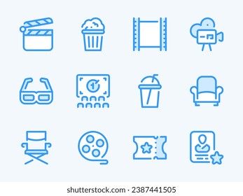 Cinema and Theater vector line icons. Movie event and Entertainment outline icon set. Clapperboard, Popcorn, 3D Glasses, Cinema Screen, Film Strip, Ticket, Video Camera and more.