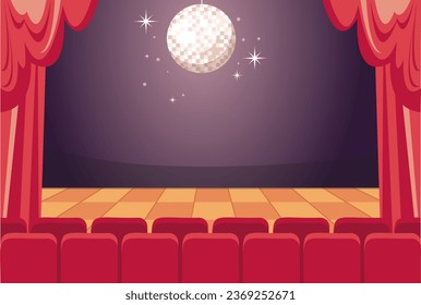 Cinema theatre audience stage with red curtain show time concept. Vector flat graphic design illustration