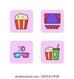 Conjunto de iconos de línea de cine. copas 3d, palomitas de maíz y cola para llevar, sala de cine. Concepto de película. Las Ilustraciones vectoriales se pueden utilizar para temas como ocio, diversión