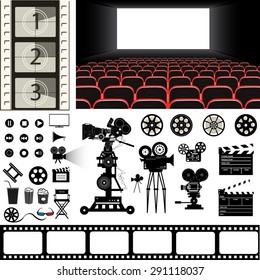 cinema theatre and movie equipment vector set