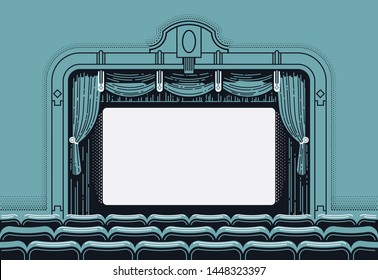 Cinema theatre movie screen vector illustration in retro styled yet clean design. Vintage movie theater interior with curtain, seat rows and blank film screen