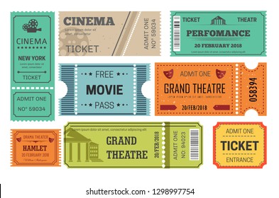 Cinema and theatre ticket admission or paper pass vector play or movie performance and show entertainment film reel video camera acting masks pillars Hamlet drama free entrance motion picture.