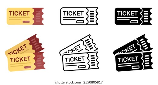 Ícone de tíquete de cinema ou teatro definido. Ilustração de estilo retro de tíquete. Sinal de passagem do papel do evento. Símbolo de cupom de defletor.