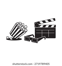 A cinema theme with popcorn clapperboard and 3d glasses illustration