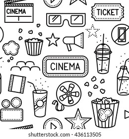 Cinema thin line icon seamless pattern. Movie theater sign set / collection. Vector illustration / background.