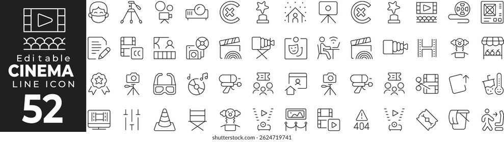 Cinema Thin Line Icon Set – Movie Theater, Entertainment, Film