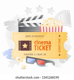 Cinema ticket and 3D glasses. Cinema entertainment concept. Vector illustration in modern flat gradient style.