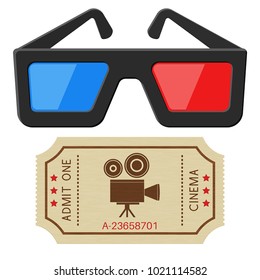 Cinema ticket and 3d glasses. Vector illustration isolated on white background