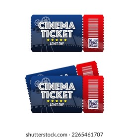 Cinema ticket. Admit one coupon entrance. Film strip on tickets. Cinema, theatre.
